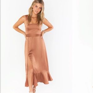 Show Me Your Mumu (M) Claire Midi Dress in Copper Luxe Satin